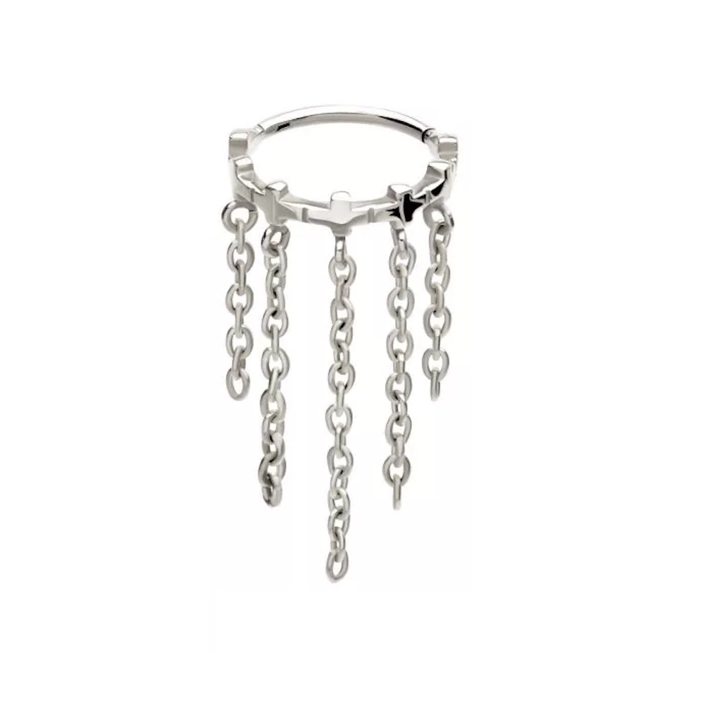 Cross Lined with Dangling Chains Hinged Segment Clicker Ring - 316L Stainless Steel