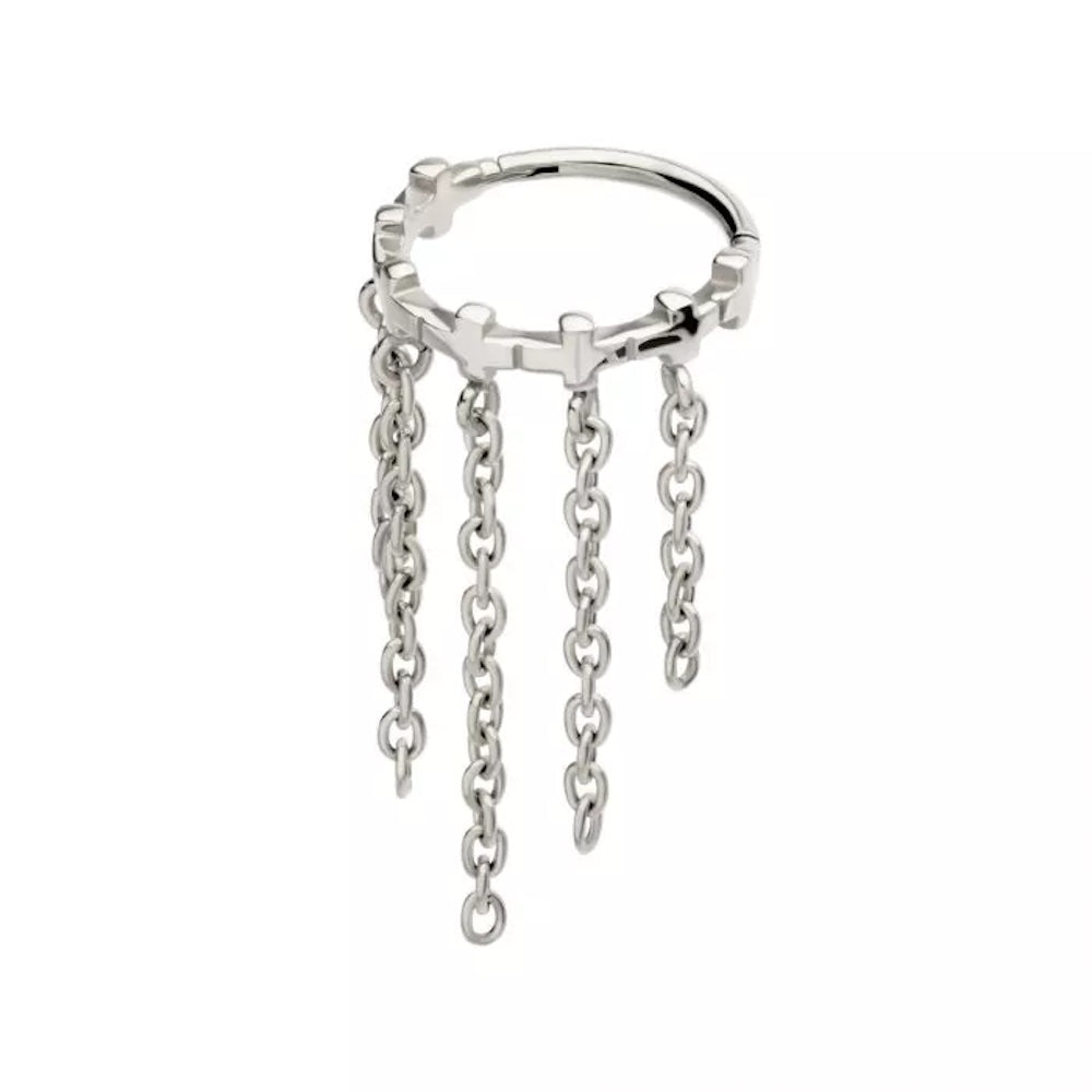 Cross Lined with Dangling Chains Hinged Segment Clicker Ring - 316L Stainless Steel