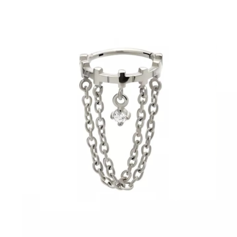 Cross Lined with Double Dangling Chains and Gem Hinged Segment Clicker Ring - 316L Stainless Steel