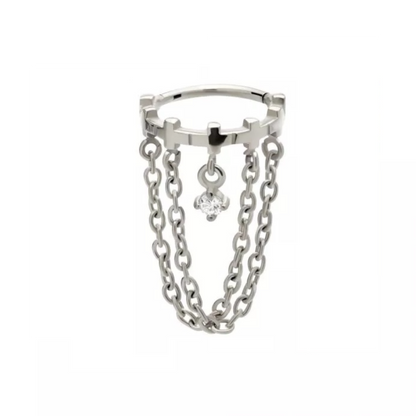 Cross Lined with Double Dangling Chains and Gem Hinged Segment Clicker Ring - 316L Stainless Steel