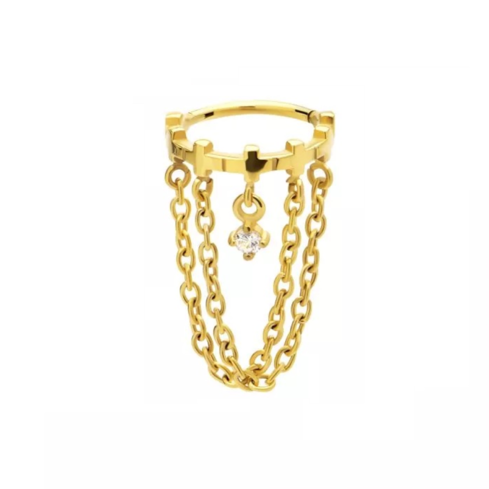 Cross Lined with Double Dangling Chains and Gem Hinged Segment Clicker Ring - 316L Stainless Steel