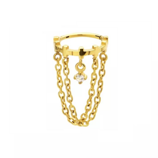 Cross Lined with Double Dangling Chains and Gem Hinged Segment Clicker Ring - 316L Stainless Steel