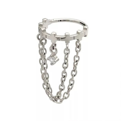 Cross Lined with Double Dangling Chains and Gem Hinged Segment Clicker Ring - 316L Stainless Steel