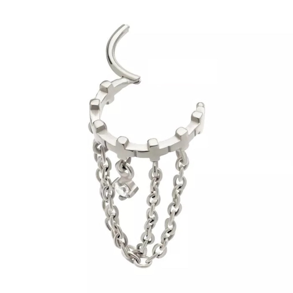 Cross Lined with Double Dangling Chains and Gem Hinged Segment Clicker Ring - 316L Stainless Steel