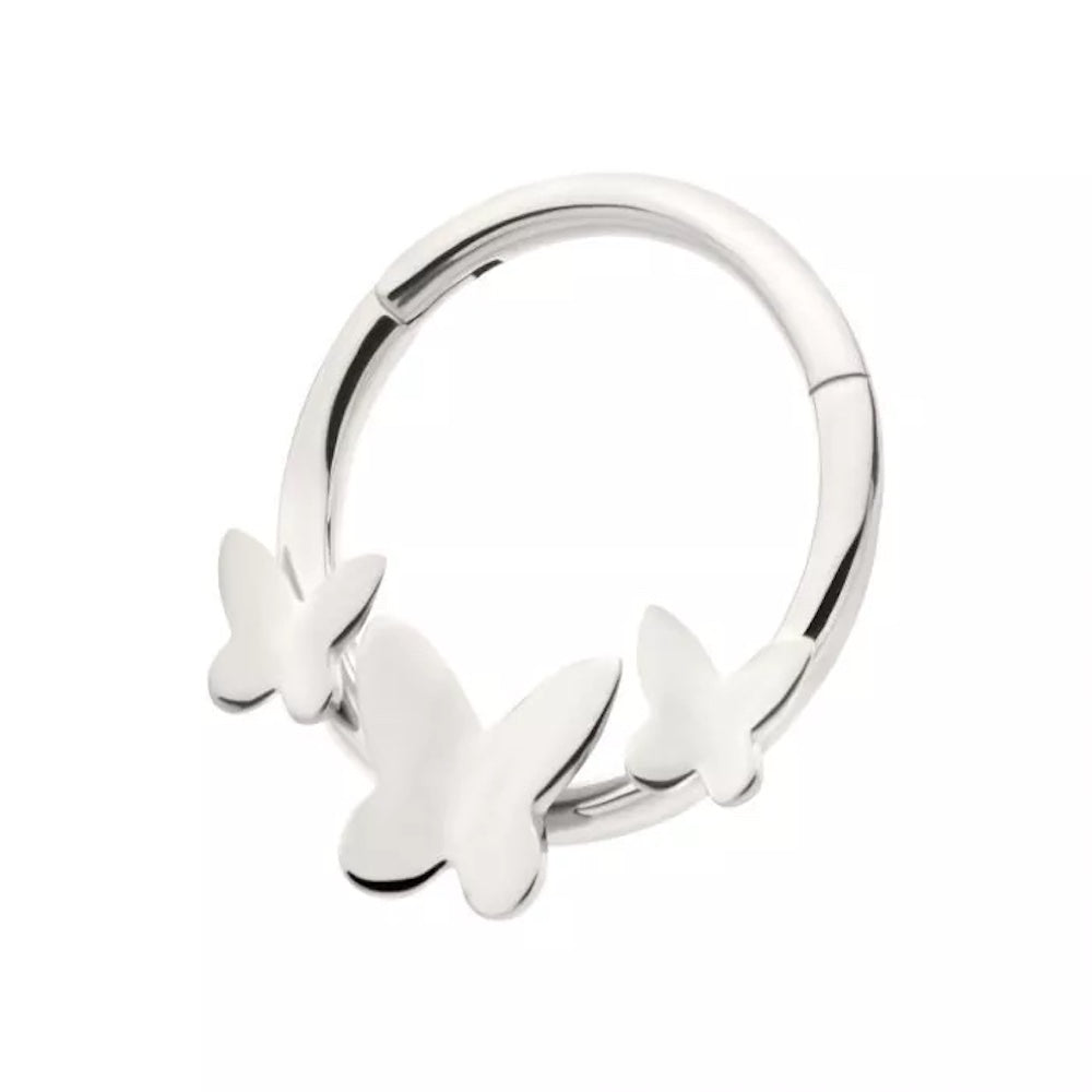 Triple Butterfly Lined Hinged Segment Clicker Ring - 316L Stainless Steel