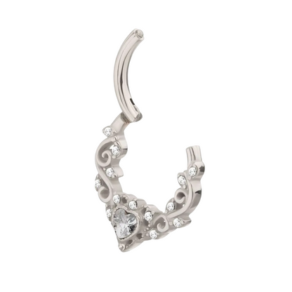 Lacy Filigree CZ Crystal Heart Hinged Segment Clicker Ring - 316L Stainless Steel