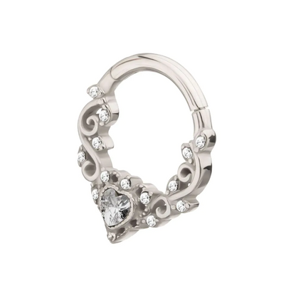 Lacy Filigree CZ Crystal Heart Hinged Segment Clicker Ring - 316L Stainless Steel