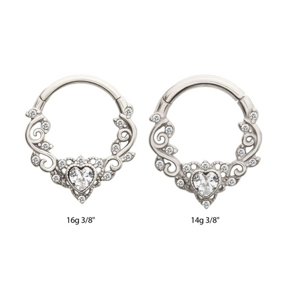 Lacy Filigree CZ Crystal Heart Hinged Segment Clicker Ring - 316L Stainless Steel