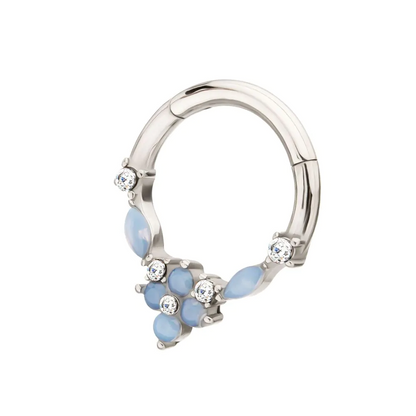 Light Blue Opalite Flower Front Hinged Segment Clicker Ring - 316L Stainless Steel