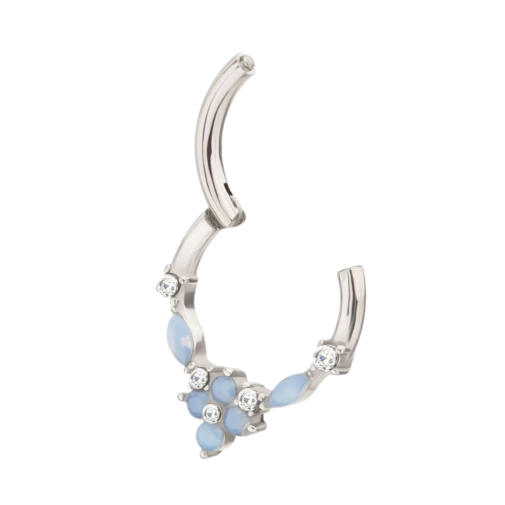 Light Blue Opalite Flower Front Hinged Segment Clicker Ring - 316L Stainless Steel