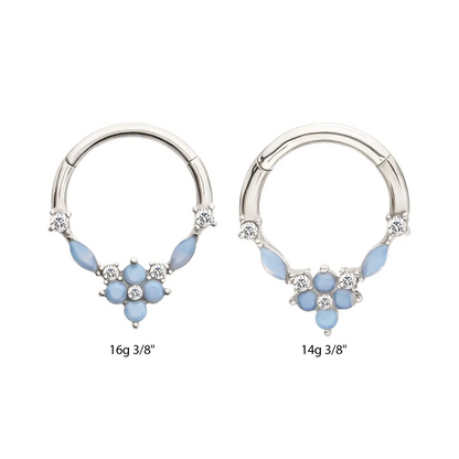 Light Blue Opalite Flower Front Hinged Segment Clicker Ring - 316L Stainless Steel