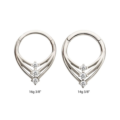Triple CZ Crystal Pointed Hinged Segment Clicker Ring - 316L Stainless Steel