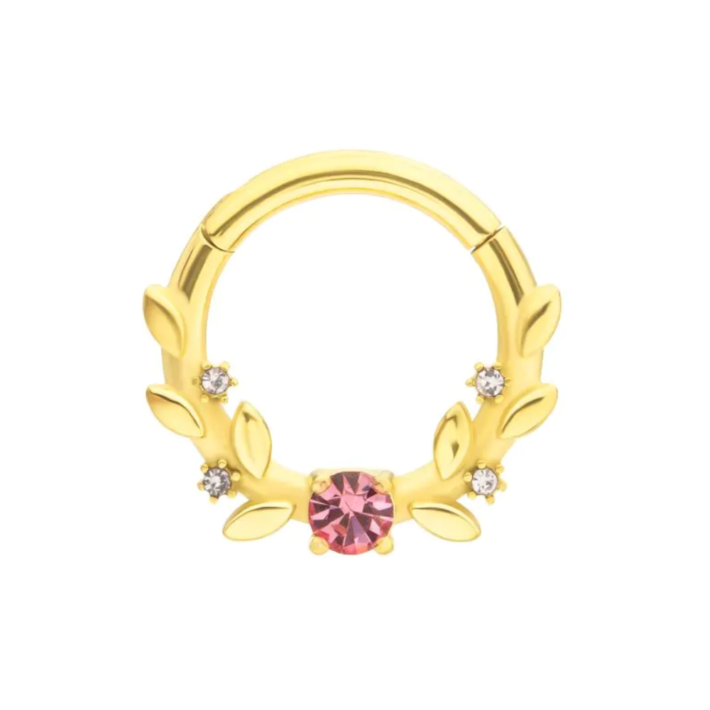 Pink Gem and Vines Hinged Segment Clicker Ring - Gold PVD 316L Stainless Steel