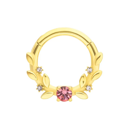 Pink Gem and Vines Hinged Segment Clicker Ring - Gold PVD 316L Stainless Steel
