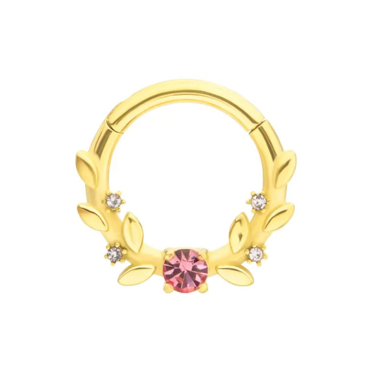 Pink Gem and Vines Hinged Segment Clicker Ring - Gold PVD 316L Stainless Steel