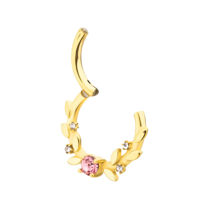 Pink Gem and Vines Hinged Segment Clicker Ring - Gold PVD 316L Stainless Steel