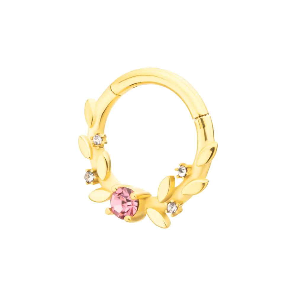 Pink Gem and Vines Hinged Segment Clicker Ring - Gold PVD 316L Stainless Steel