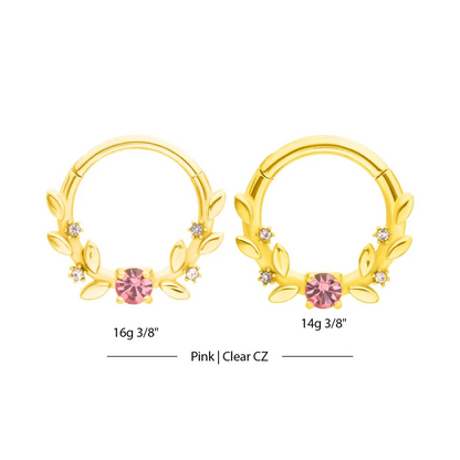 Pink Gem and Vines Hinged Segment Clicker Ring - Gold PVD 316L Stainless Steel