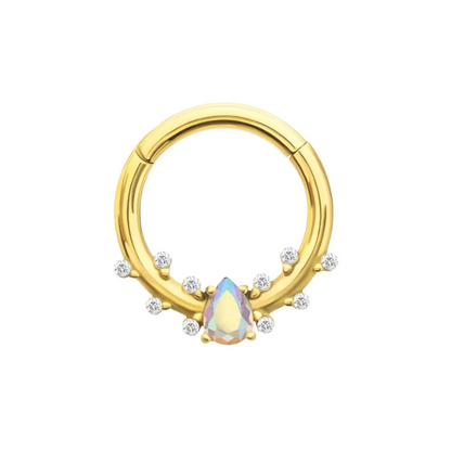 CZ Crystal Aurora Borealis Teardrop Gem Hinged Segment Clicker Ring - Gold PVD 316L Stainless Steel