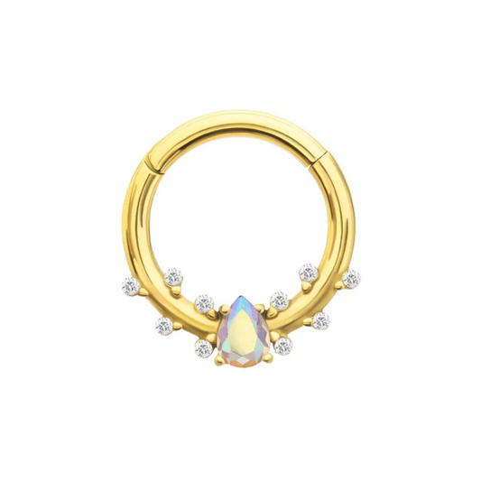 CZ Crystal Aurora Borealis Teardrop Gem Hinged Segment Clicker Ring - Gold PVD 316L Stainless Steel