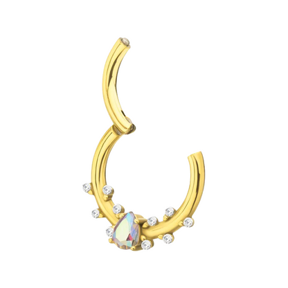 CZ Crystal Aurora Borealis Teardrop Gem Hinged Segment Clicker Ring - Gold PVD 316L Stainless Steel