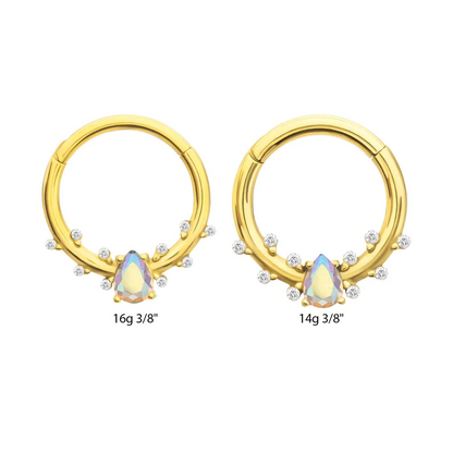 CZ Crystal Aurora Borealis Teardrop Gem Hinged Segment Clicker Ring - Gold PVD 316L Stainless Steel