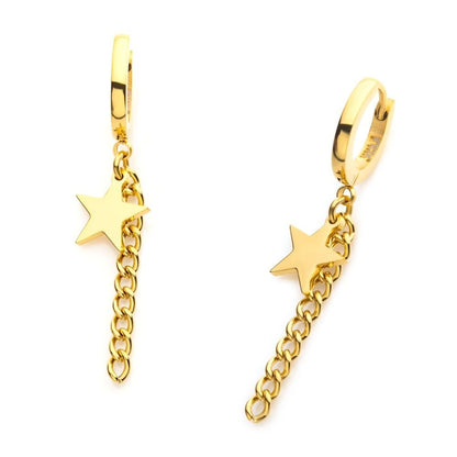 Star Chain Dangling Huggie Hoop Earrings - Pair - Gold PVD Stainless Steel