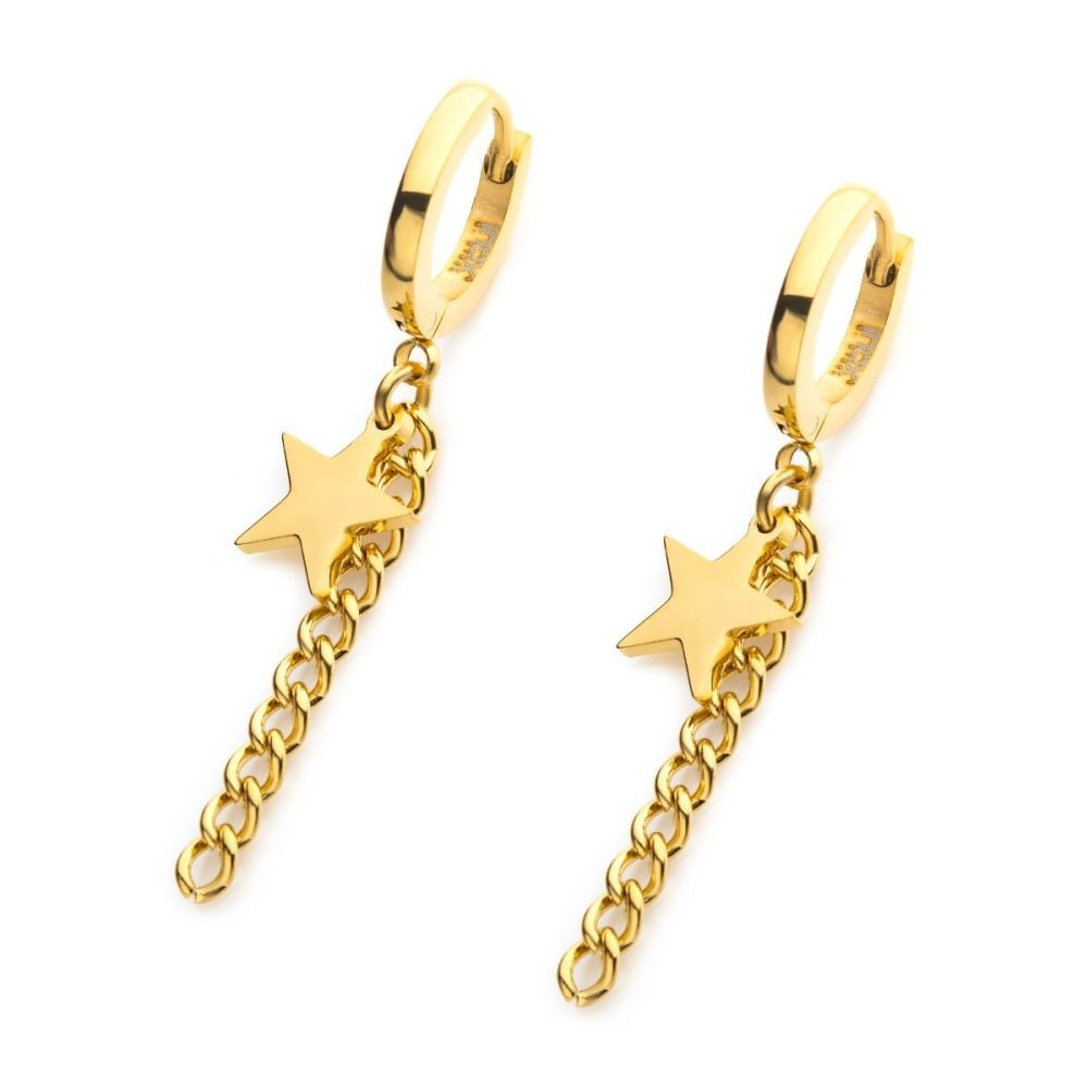 Star Chain Dangling Huggie Hoop Earrings - Pair - Gold PVD Stainless Steel