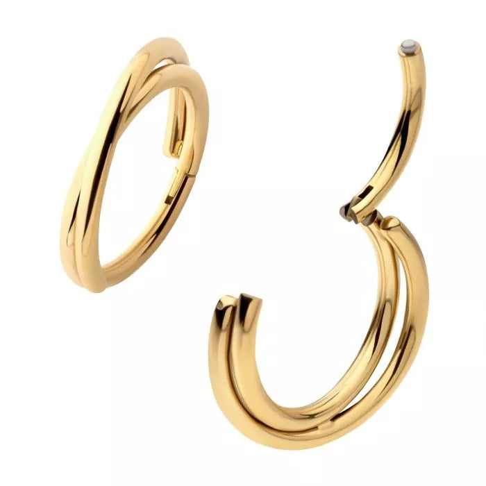 Double Hoop Criss Cross Hinged Segment Clicker Ring - 24Kt Gold PVD Titanium