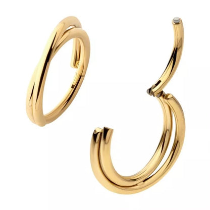 Double Hoop Criss Cross Hinged Segment Clicker Ring - 24Kt Gold PVD Titanium