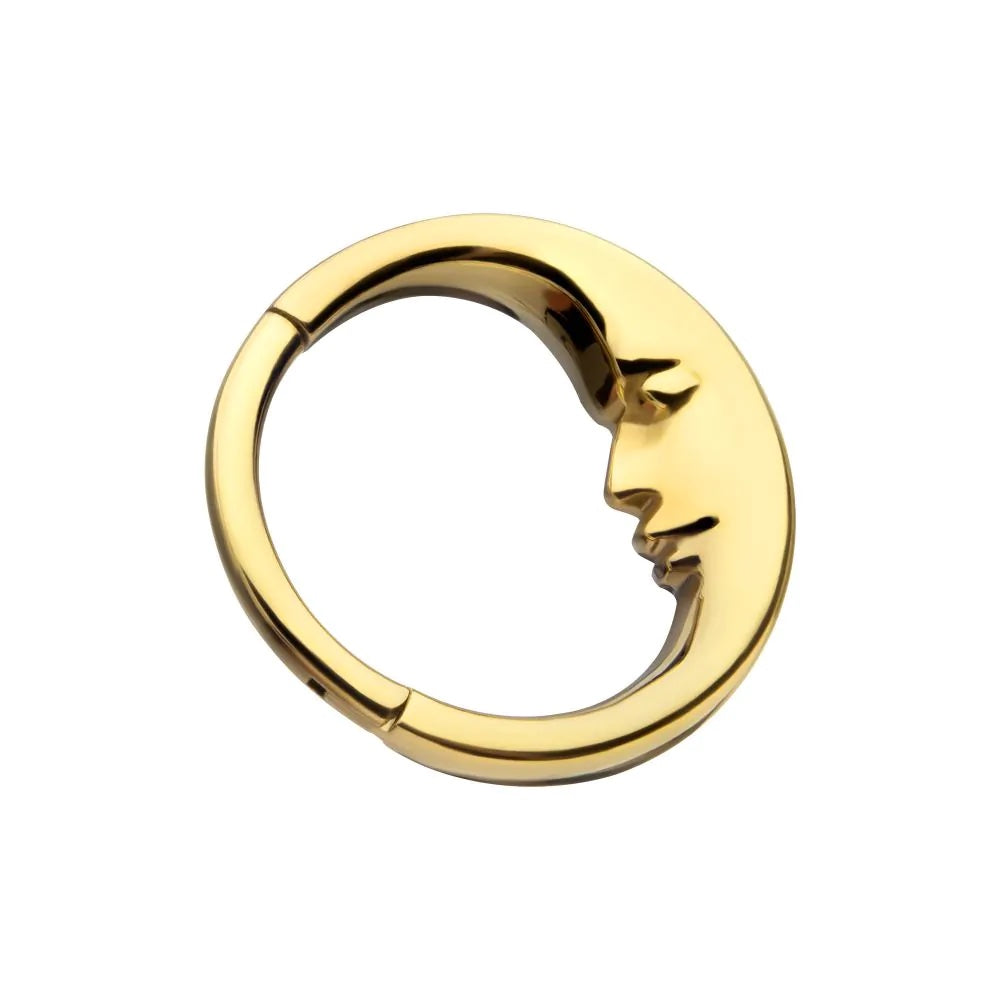 Crescent Moon Face Hinged Segment Clicker Ring - 24Kt Gold PVD Titanium