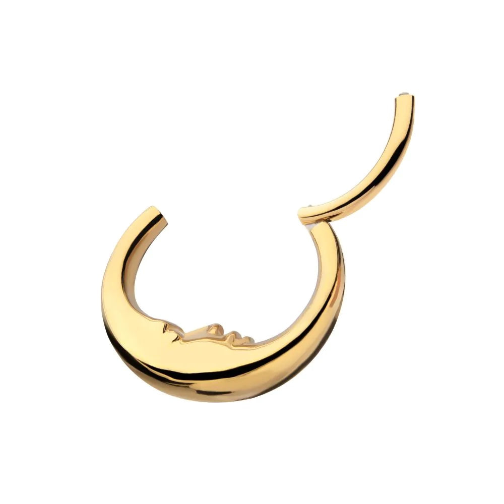 Crescent Moon Face Hinged Segment Clicker Ring - 24Kt Gold PVD Titanium