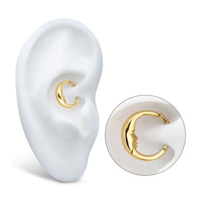 Crescent Moon Face Hinged Segment Clicker Ring - 24Kt Gold PVD Titanium