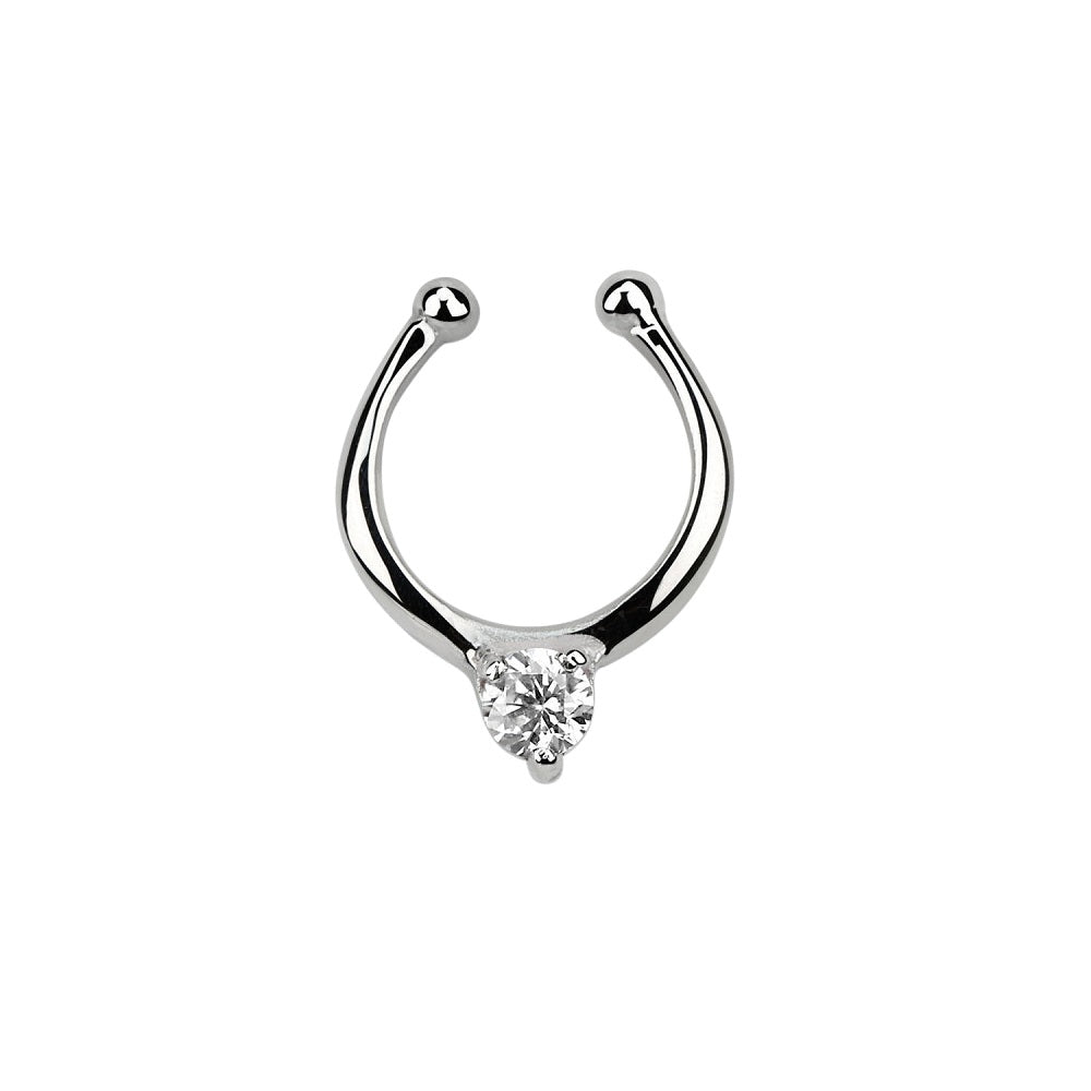 CZ Crystal Center Clip On Non-Piercing Septum Ring
 - Sterling Silver