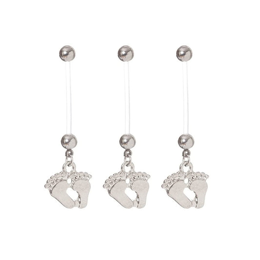 Set of 3 Bioflex Silver Tone Baby Feet Maternity Pregnancy Dangling Belly Button Rings - Stainless Steel