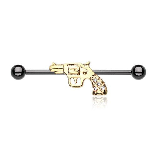 Black CZ Crystal Accented Gold Tone Revolver Gun Industrial Barbell - Stainless Steel