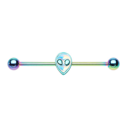 Rainbow Holographic Extraterrestrial Alien Head Industrial Barbell - Stainless Steel