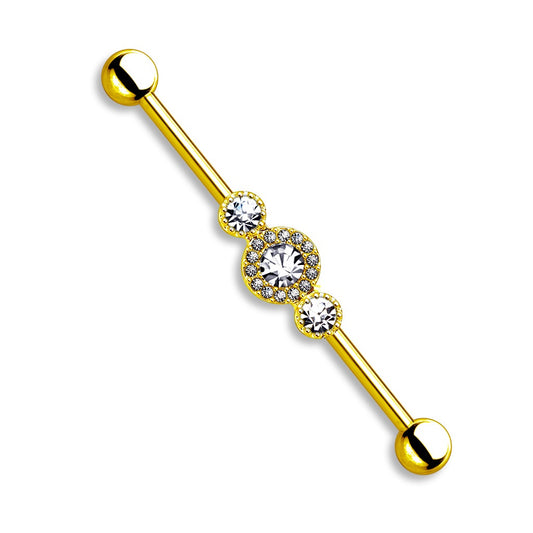 Three CZ Crystal Centered Multi Paved Circle Industrial Barbell - Stainless Steel
