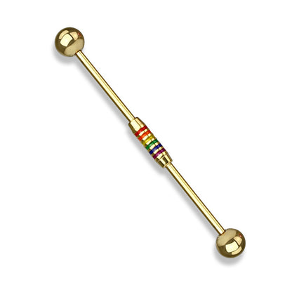 Rainbow Striped Center Industrial Barbell - 316L Stainless Steel