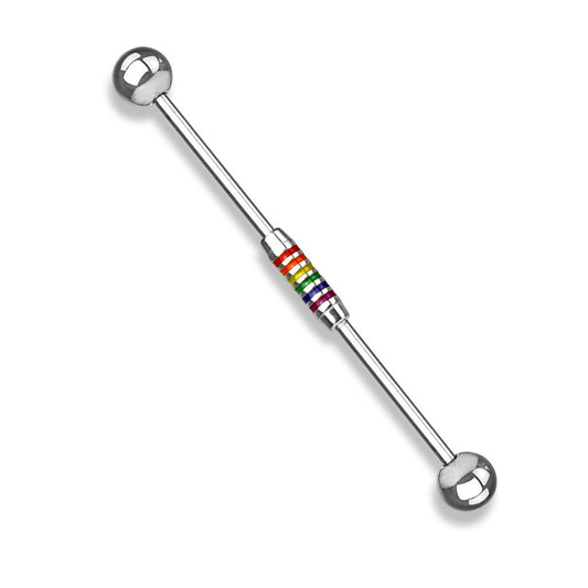 Rainbow Striped Center Industrial Barbell - 316L Stainless Steel