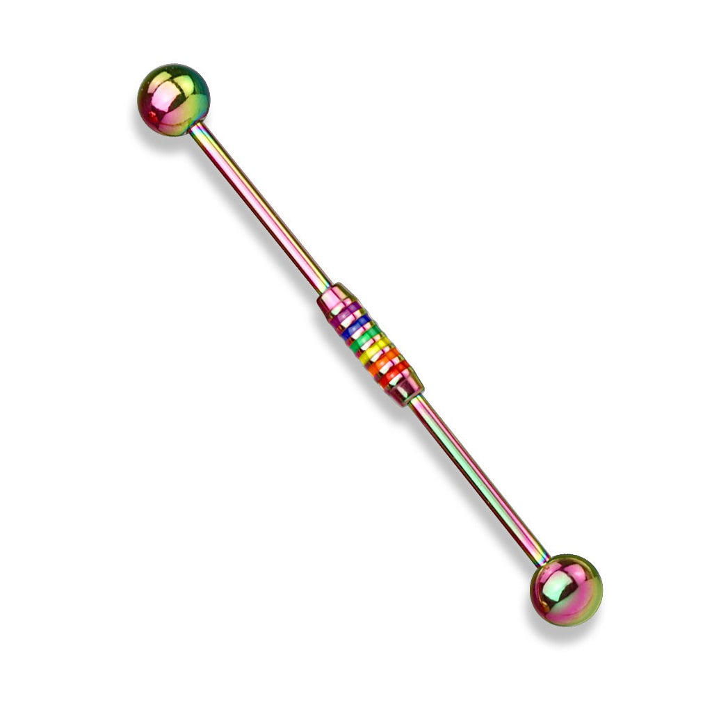 Rainbow Striped Center Industrial Barbell - 316L Stainless Steel