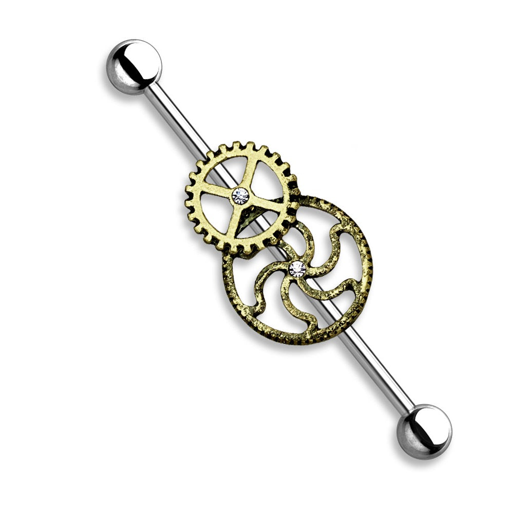 Burnished Gold Steampunk Gears Industrial Barbell - Surgical Steel