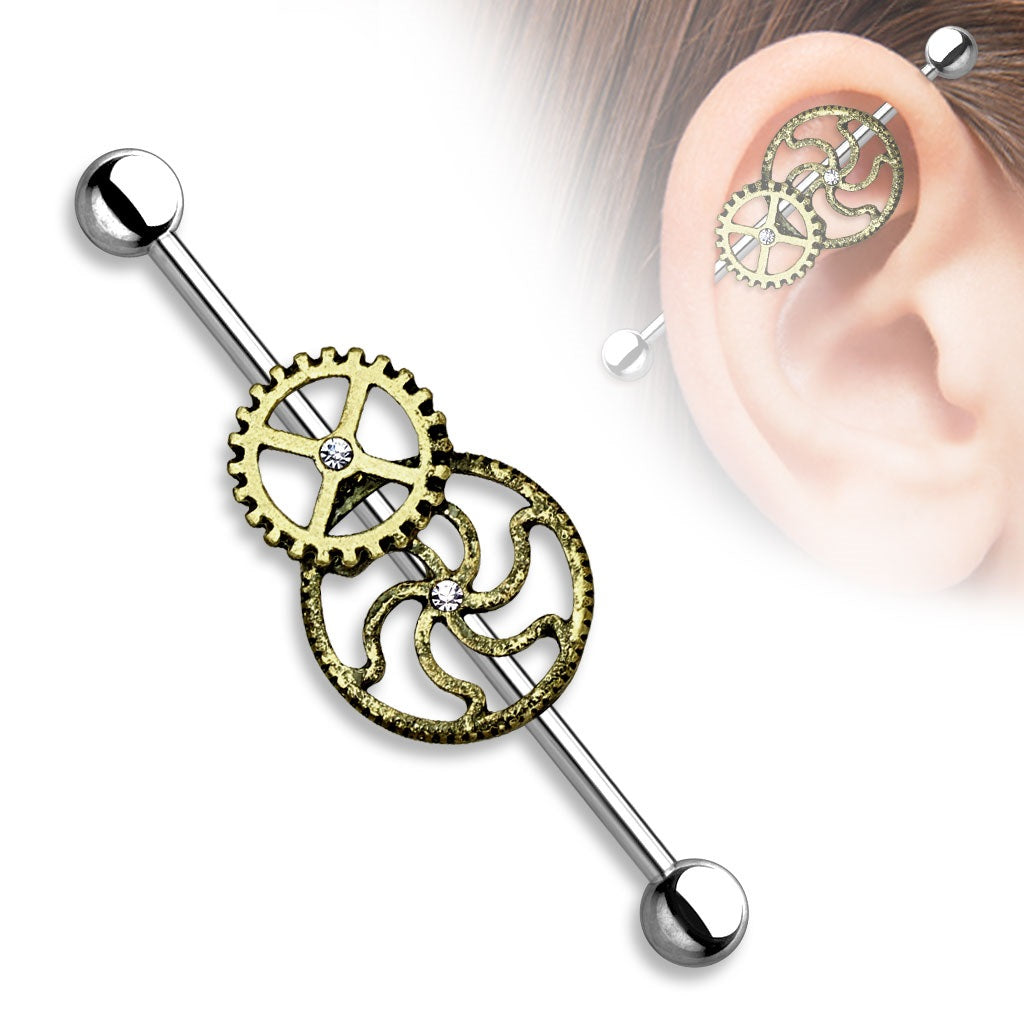 Burnished Gold Steampunk Gears Industrial Barbell - Surgical Steel