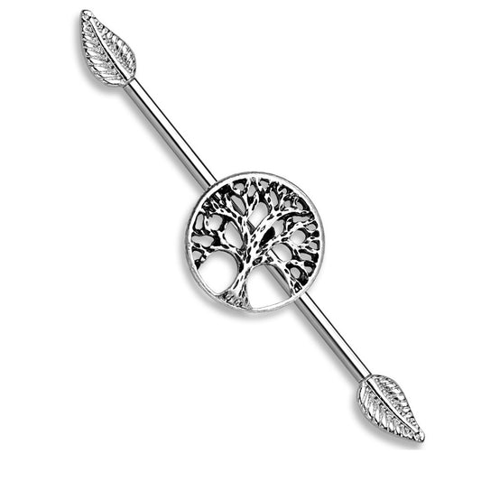 Burnished Silver Tree of Life Industrial Barbell with Leaf Ends - Surgical Steel