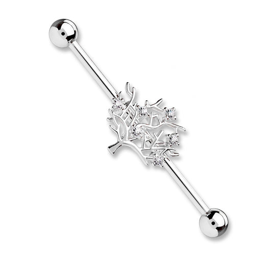 CZ Crystal Tree of Life Industrial Barbell - Stainless Steel