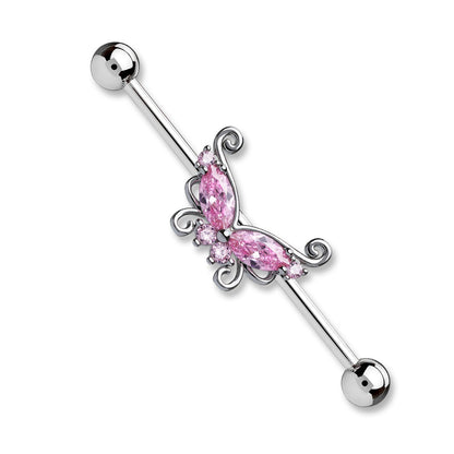 CZ Crystal Butterfly Industrial Barbell - Surgical Steel