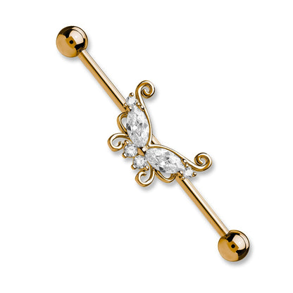 CZ Crystal Butterfly Industrial Barbell - Surgical Steel