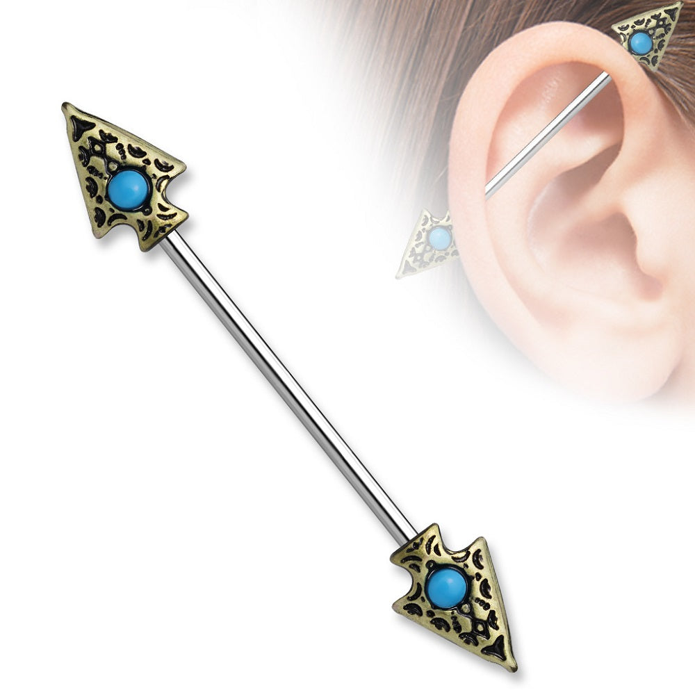 Antique Gold Plated Tribal Spear with Synthetic Turquoise Accents Industrial Barbell - Stainless Steel