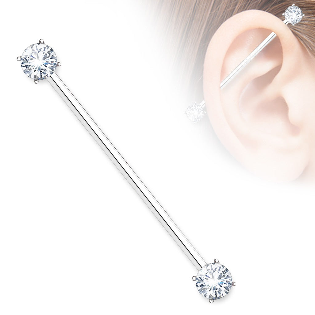 Round CZ Crystal Ends Industrial Barbell - Surgical Steel