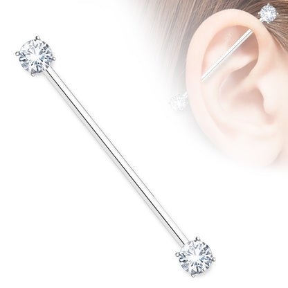 Round CZ Crystal Ends Industrial Barbell - Surgical Steel